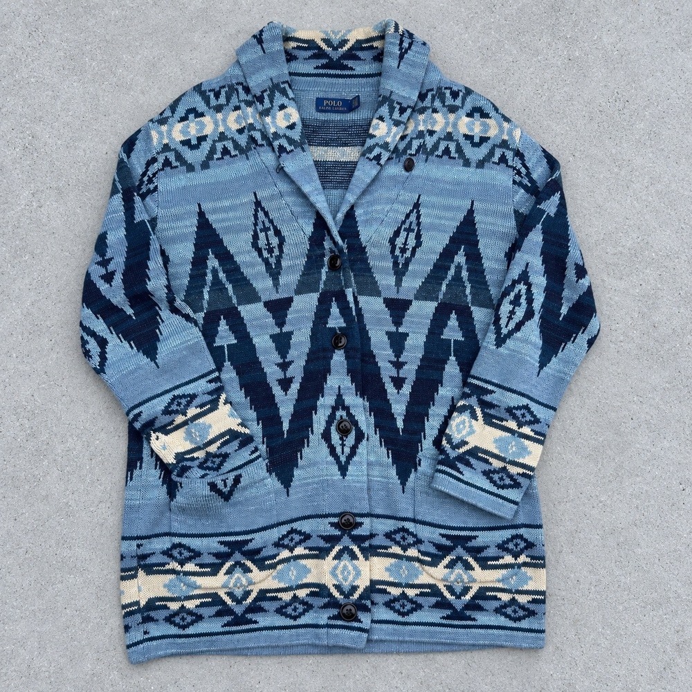 Polo Ralph Lauren Southwestern Aztec Shawl Cardigan Blue Cotton Large Vintage L